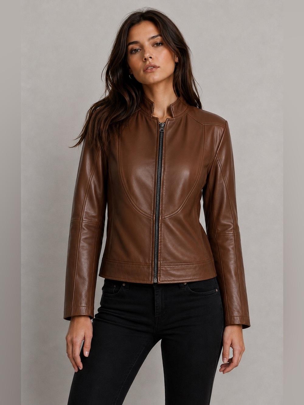 JILD Brown Lambskin Leather Moto Jacket Band Collar Café Racer Slim Fit XL NWT